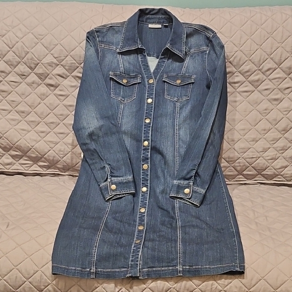 New York & Company Blue Denim Snap Long Sleeve Dress - Picture 15 of 16